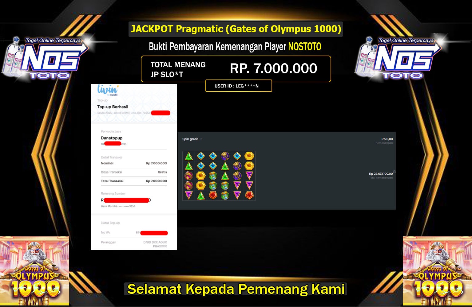 NOSTOTO JACKPOT Pragmatic (Gates of Olympus 1000)Rp.7.000.000,- LUNAS