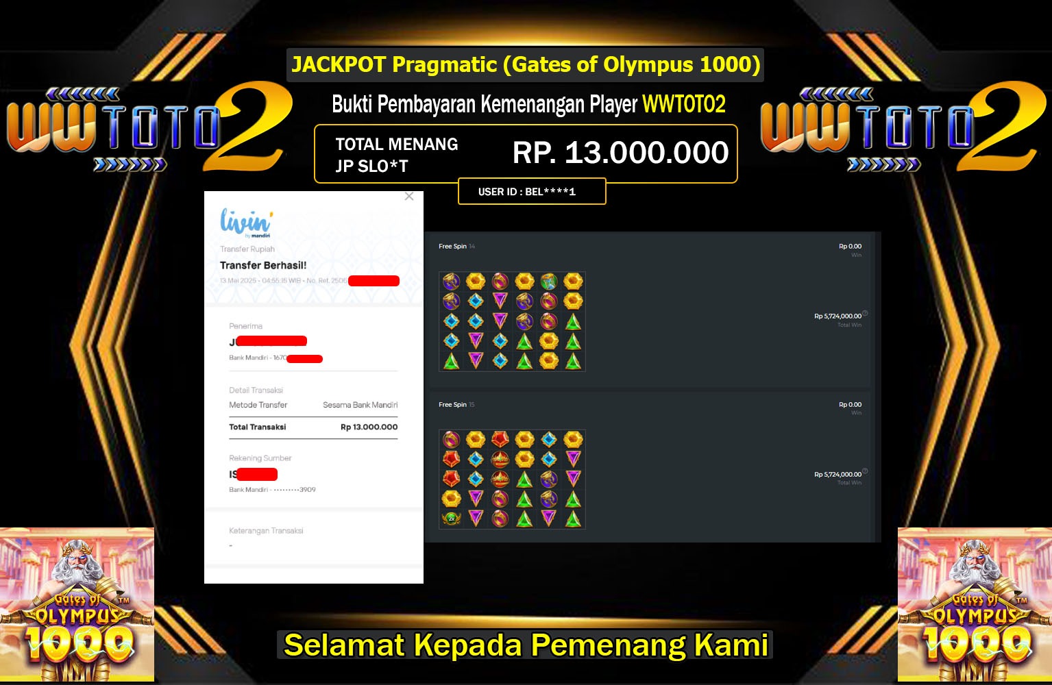 WWTOTO2 JACKPOT Pragmatic (Gates of Olympus 1000) Rp.13.000.000,- LUNAS