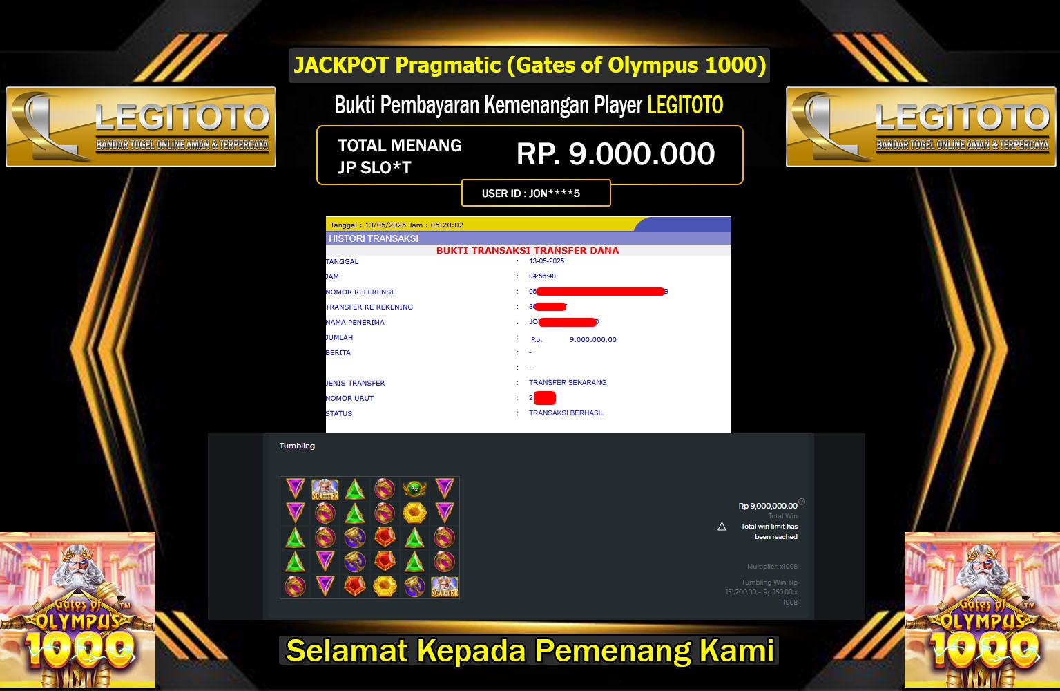 LEGITOTO JACKPOT Pragmatic (Gates of Olympus 1000)  Rp.9.000.000,- LUNAS