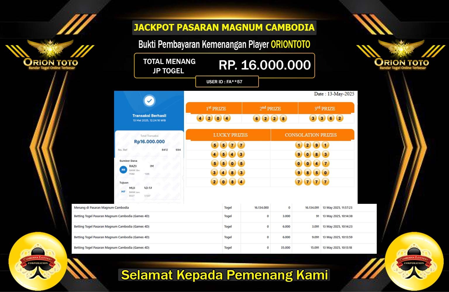 ORIONTOTO JACKPOT MAGNUM CAMBODIA Rp.16.000.000,- LUNAS