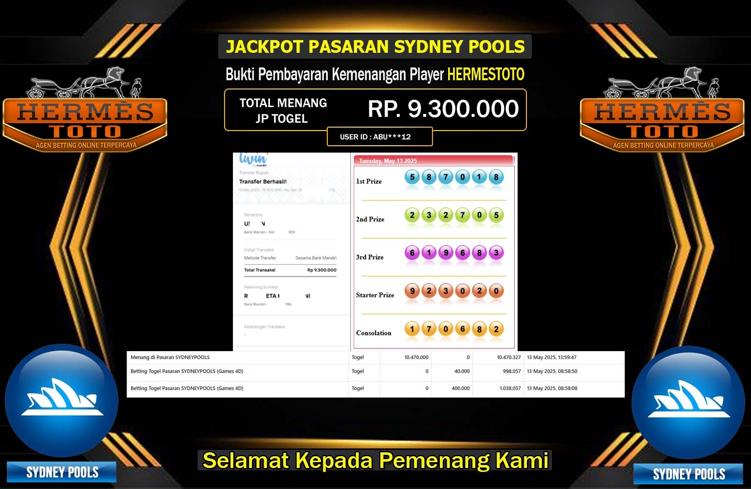 HERMESTOTO JACKPOT SYDNEY POOLS Rp.9.300.000,- LUNAS