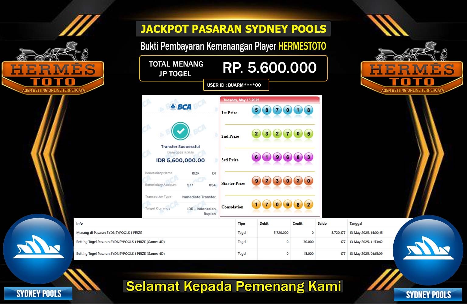 HERMESTOTO JACKPOT SYDNEY POOLS Rp.5.600.000,- LUNAS