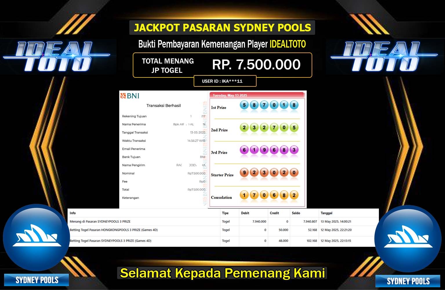 IDEALTOTO JACKPOT SYDNEY POOLS Rp.7.500.000,- LUNAS