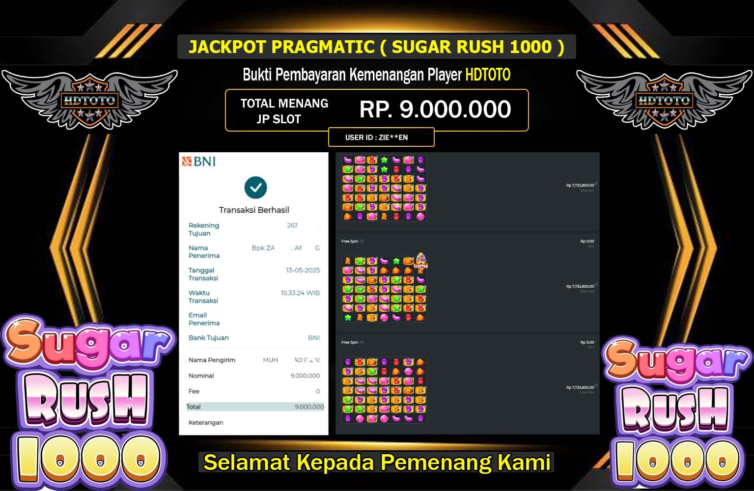 HDTOTO JACKPOT SUGAR RUSH 1000 Rp.9.000.000,- LUNAS