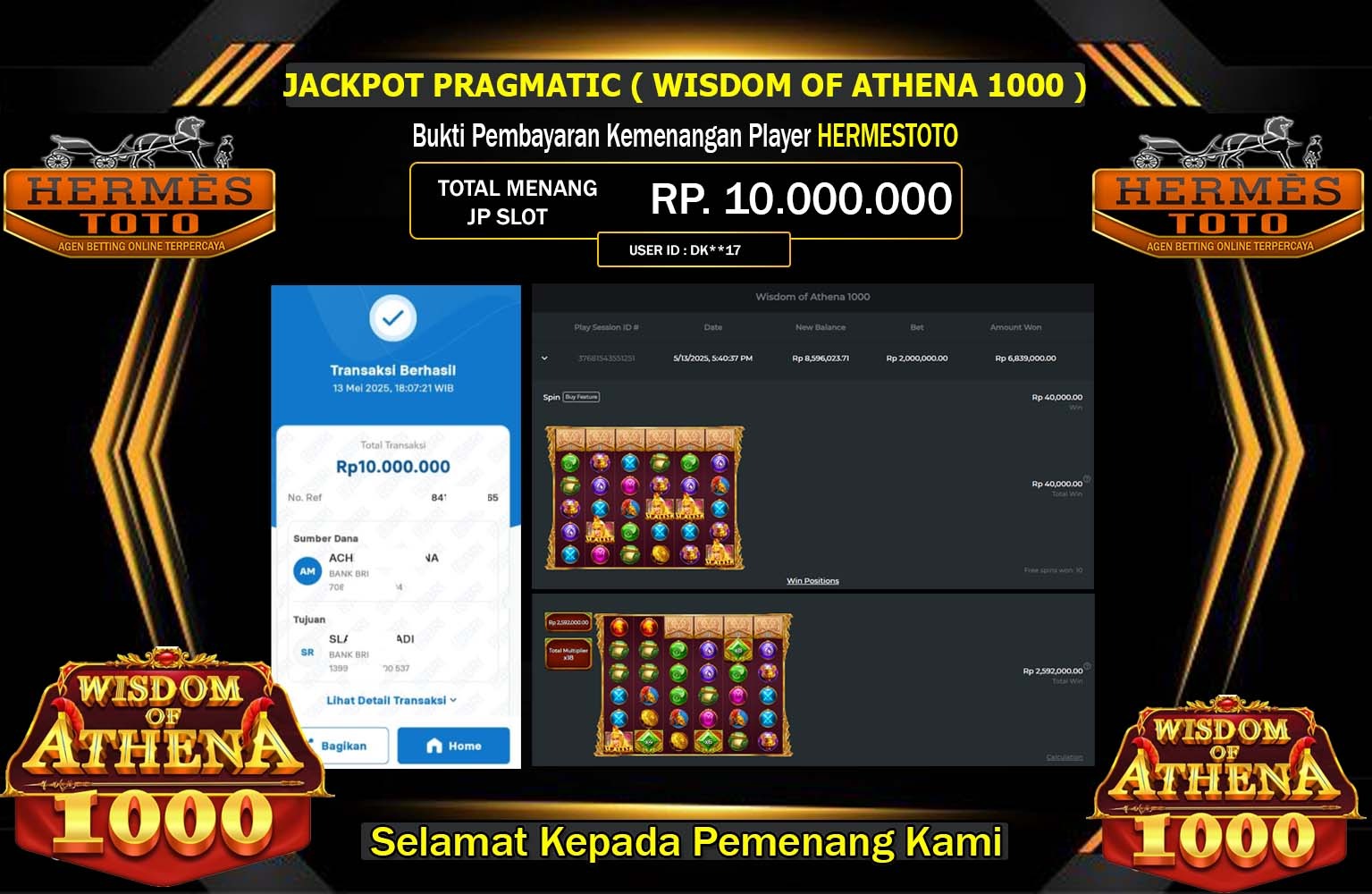 HERMESTOTO JACKPOT Wisdom of Athena 1000 Rp.10.000.000,- LUNAS