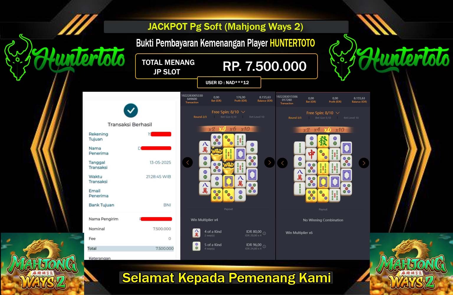 HUNTERTOTO JACKPOT Win Pg Soft (Mahjong Ways 2) Rp.7.500.000,- LUNAS