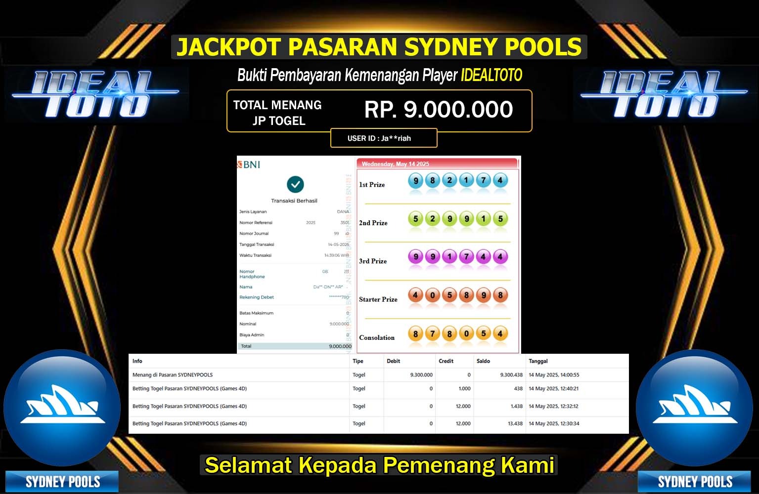 IDEALTOTO JACKPOT SYDNEY POOLS Rp.9.000.000,- LUNAS