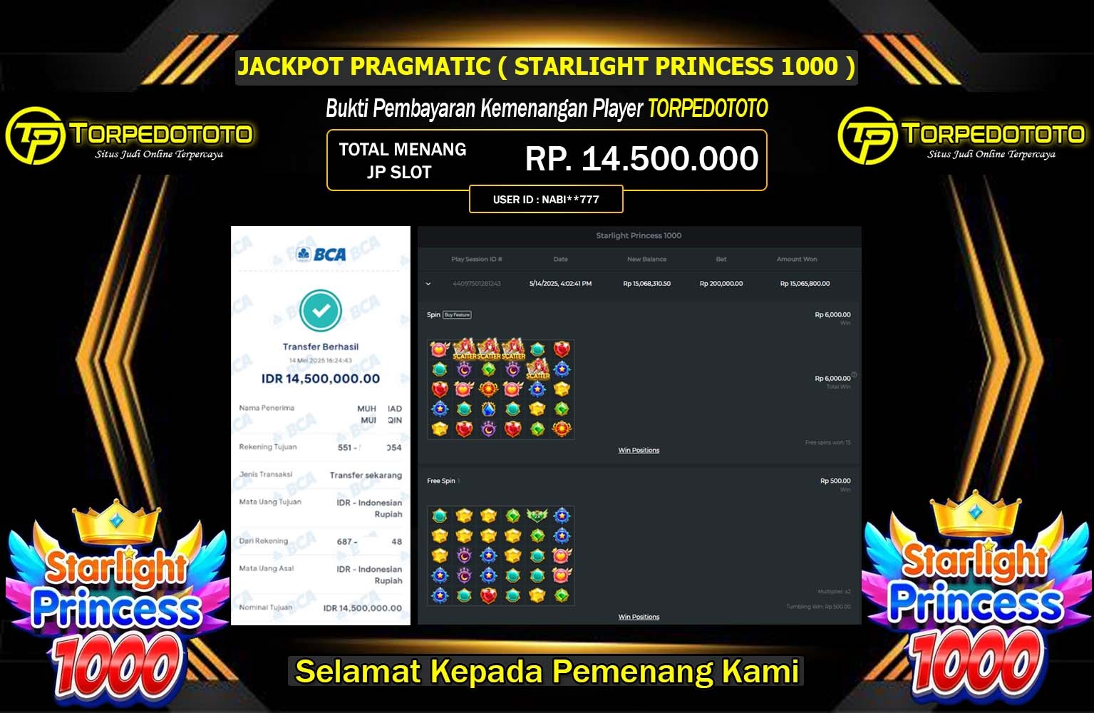 TORPEDOTOTO JACKPOT Pragmatic (Starlight Princess 1000) Rp.14.500.000,- LUNAS