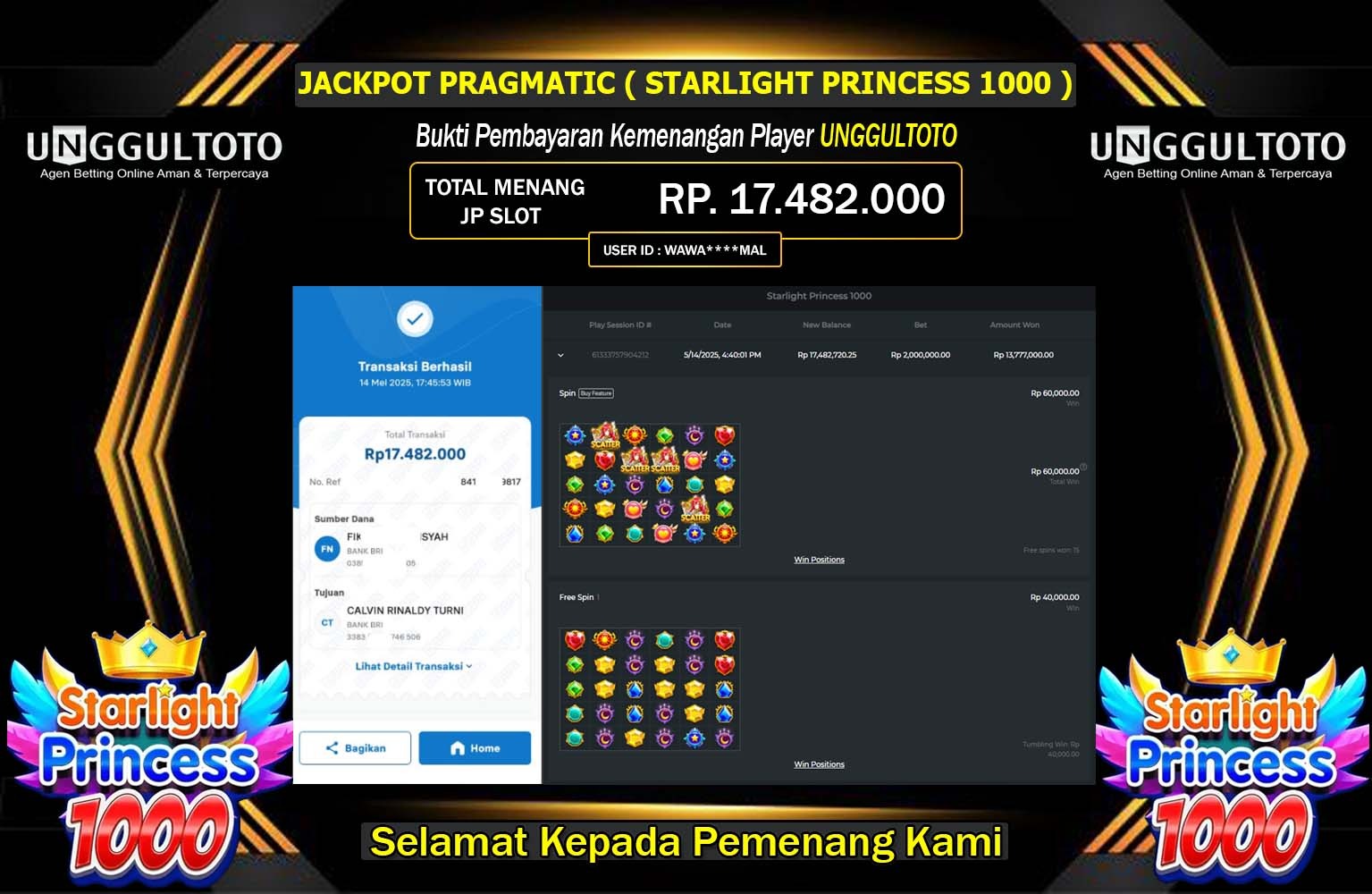 UNGGULTOTO JACKPOT Pragmatic (Starlight Princess 1000) Rp.17.482.000,- LUNAS