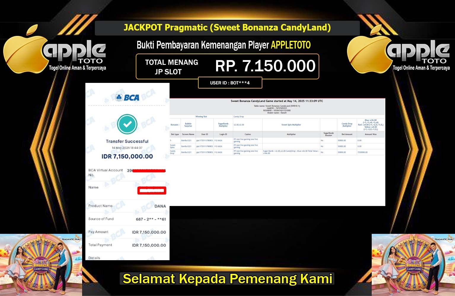 APPLETOTO JACKPOT SWEET BONANZA CANDYLAND Rp.7.150.000,- LUNAS