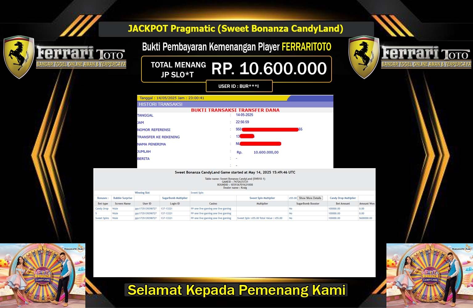 FERRARITOTO JACKPOT Pragmatic (Sweet Bonanza CandyLand) Rp.10.600.000,- LUNAS