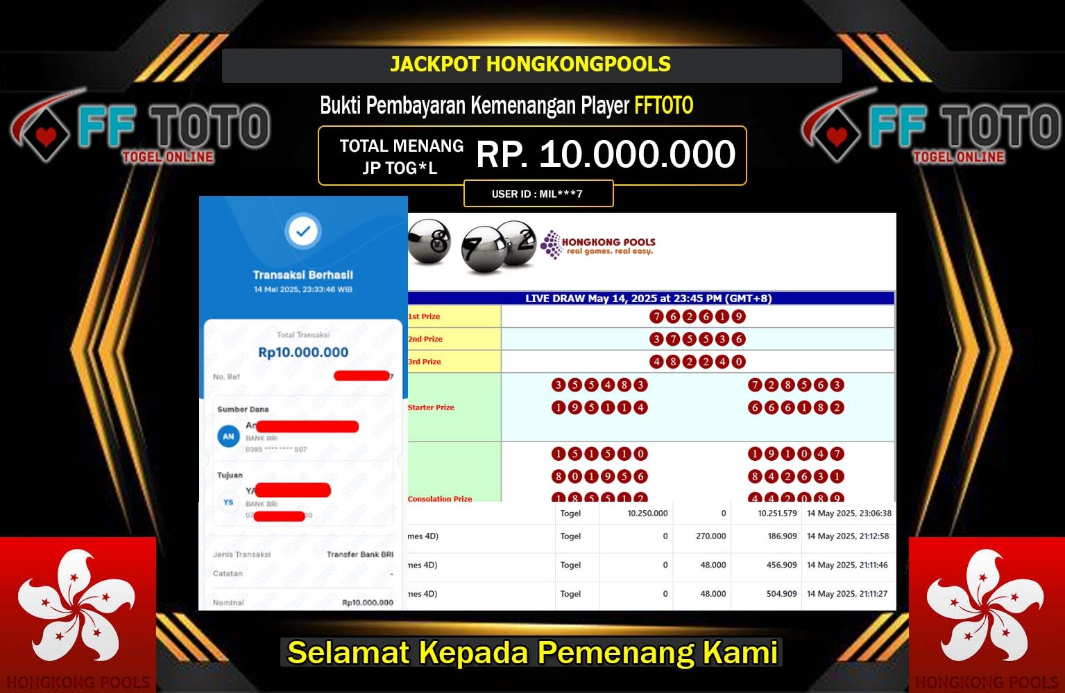 FFTOTO JACKPOT TOGEL HONGKONG POOLS Rp.10.000.000,- LUNAS