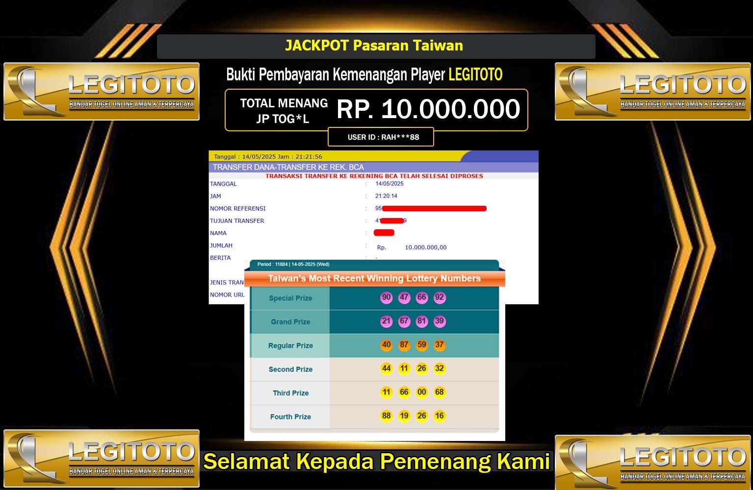 LEGITOTO JACKPOT TAIWAN POOLS Rp.10.000.000,- LUNAS
