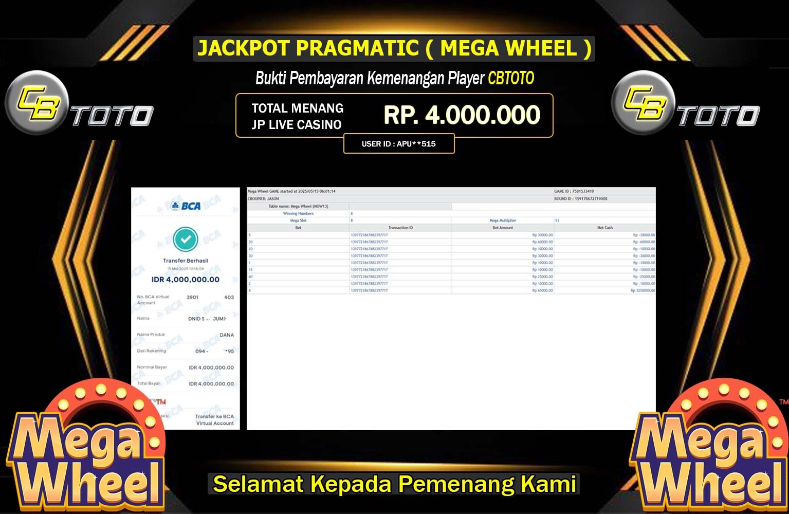 CBTOTO JACKPOT Pragmatic (Mega Wheel) Rp.4.000.000,- LUNAS