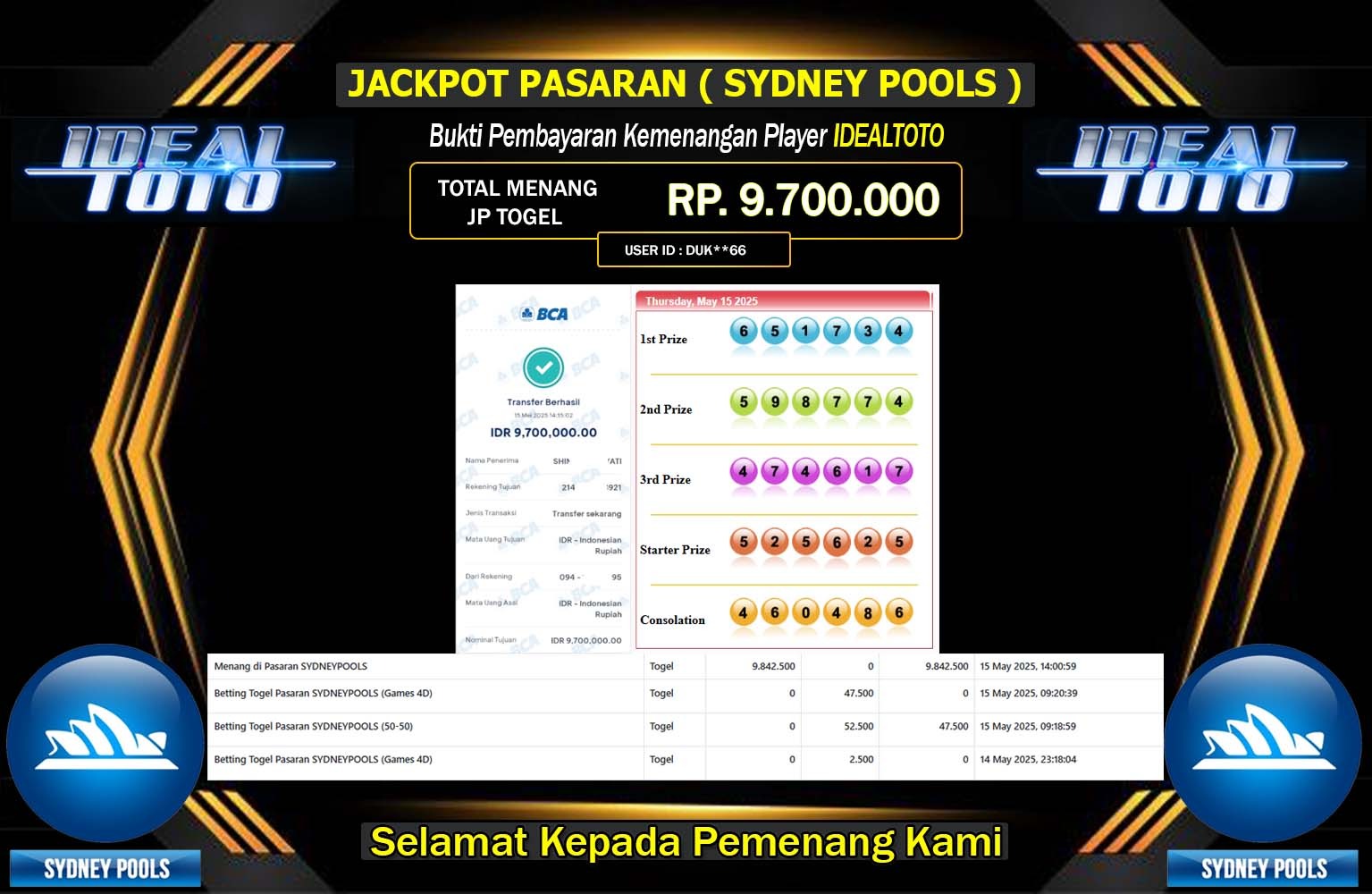 IDEALTOTO JACKPOT SYDNEY POOLS Rp.9.700.000,- LUNAS