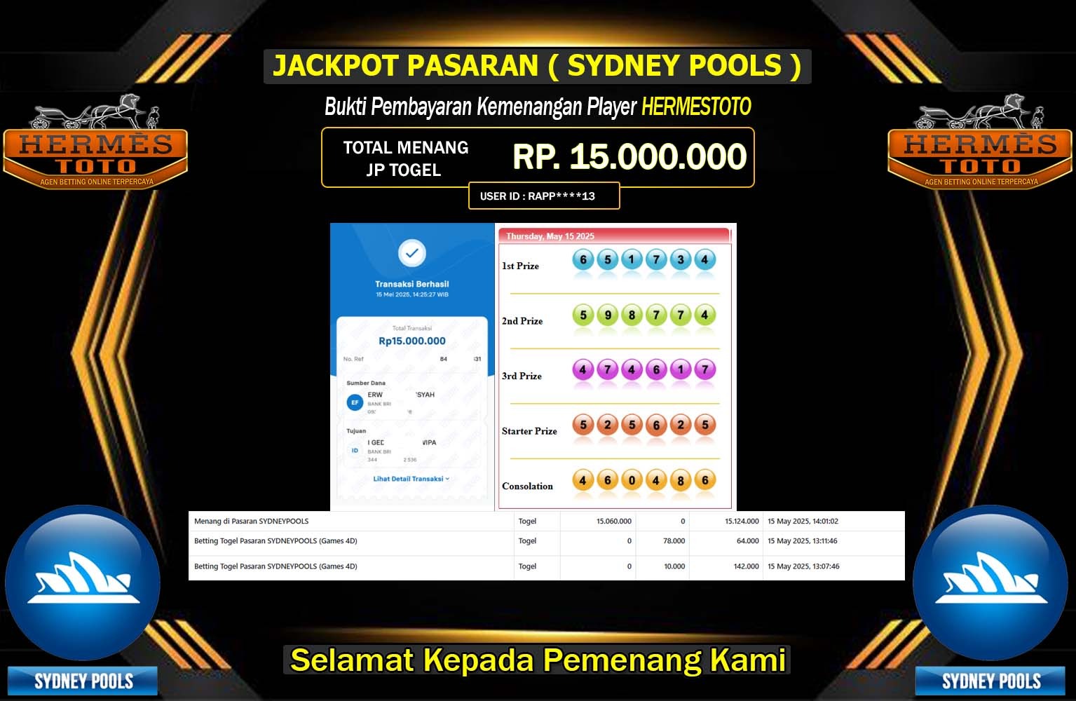 HERMESTOTO JACKPOT SYDNEY POOLS Rp.15.000.000,- LUNAS