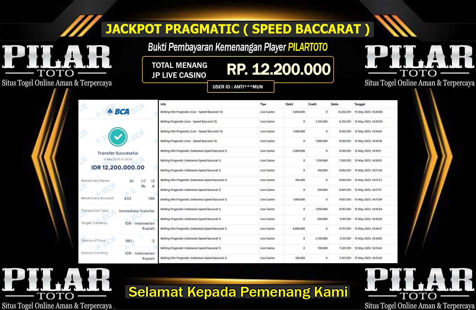 PILARTOTO JACKPOT Pragmatic (Live - Speed Baccarat 13) Rp.12.200.000,- LUNAS