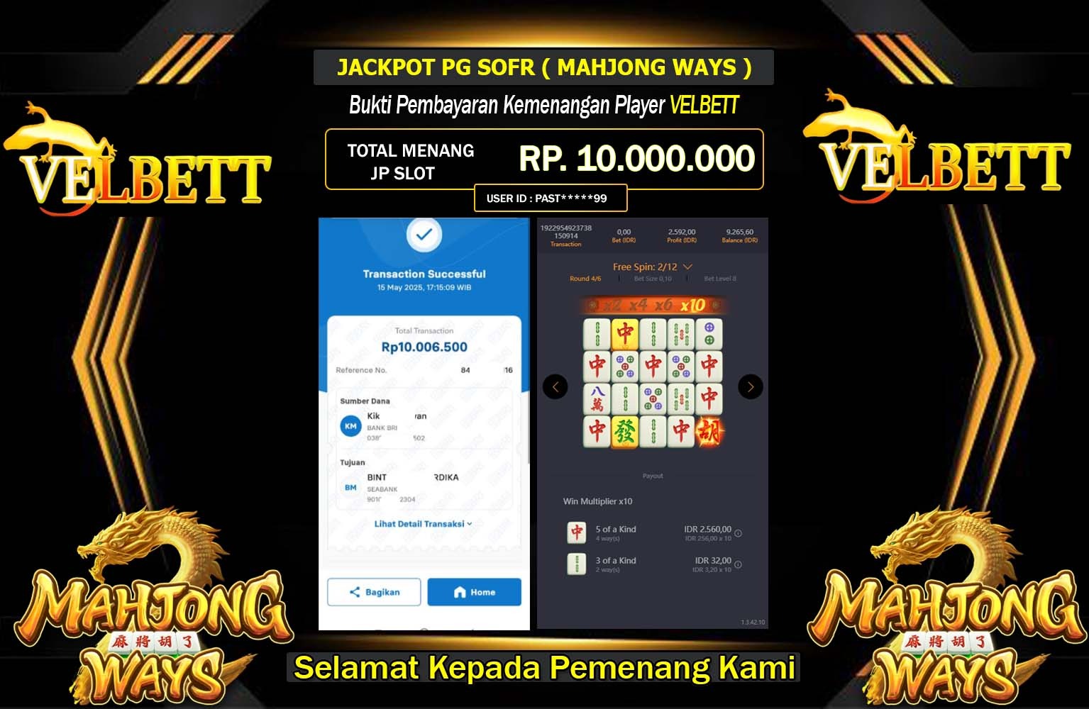 VELBETT JACKPOT Pg Soft (Mahjong Ways) Rp.10.000.000,- LUNAS