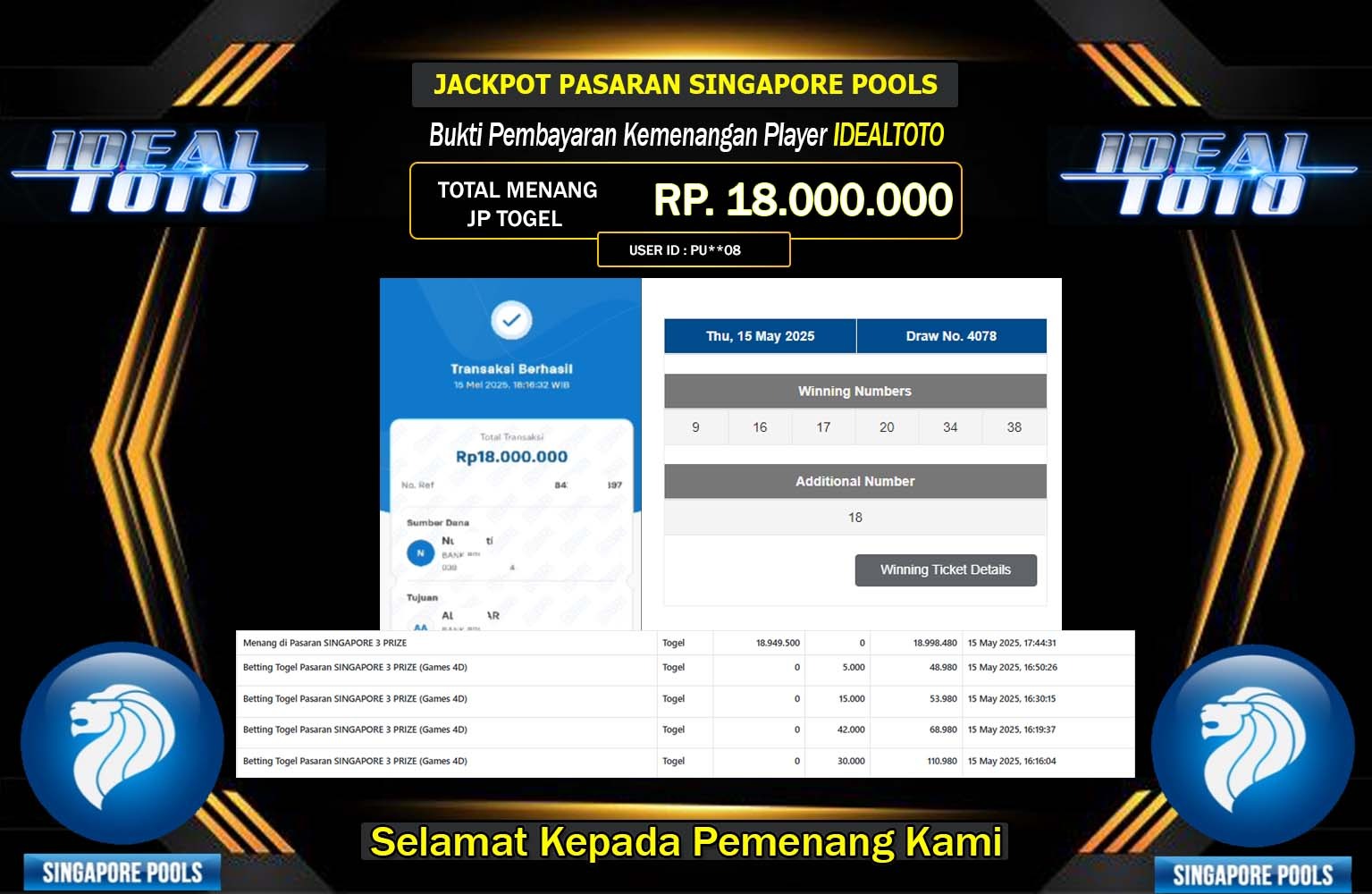 IDEALTOTO JACKPOT SINGAPORE POOLS Rp.18.000.000,- LUNAS