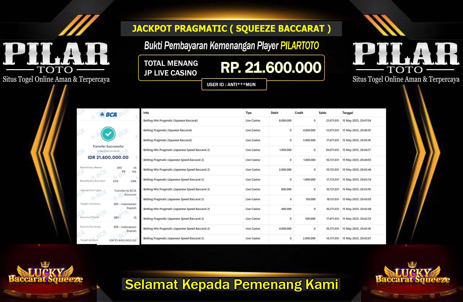 PILARTOTO JACKPOT Pragmatic (Squeeze Baccarat) Rp.21.600.000,- LUNAS