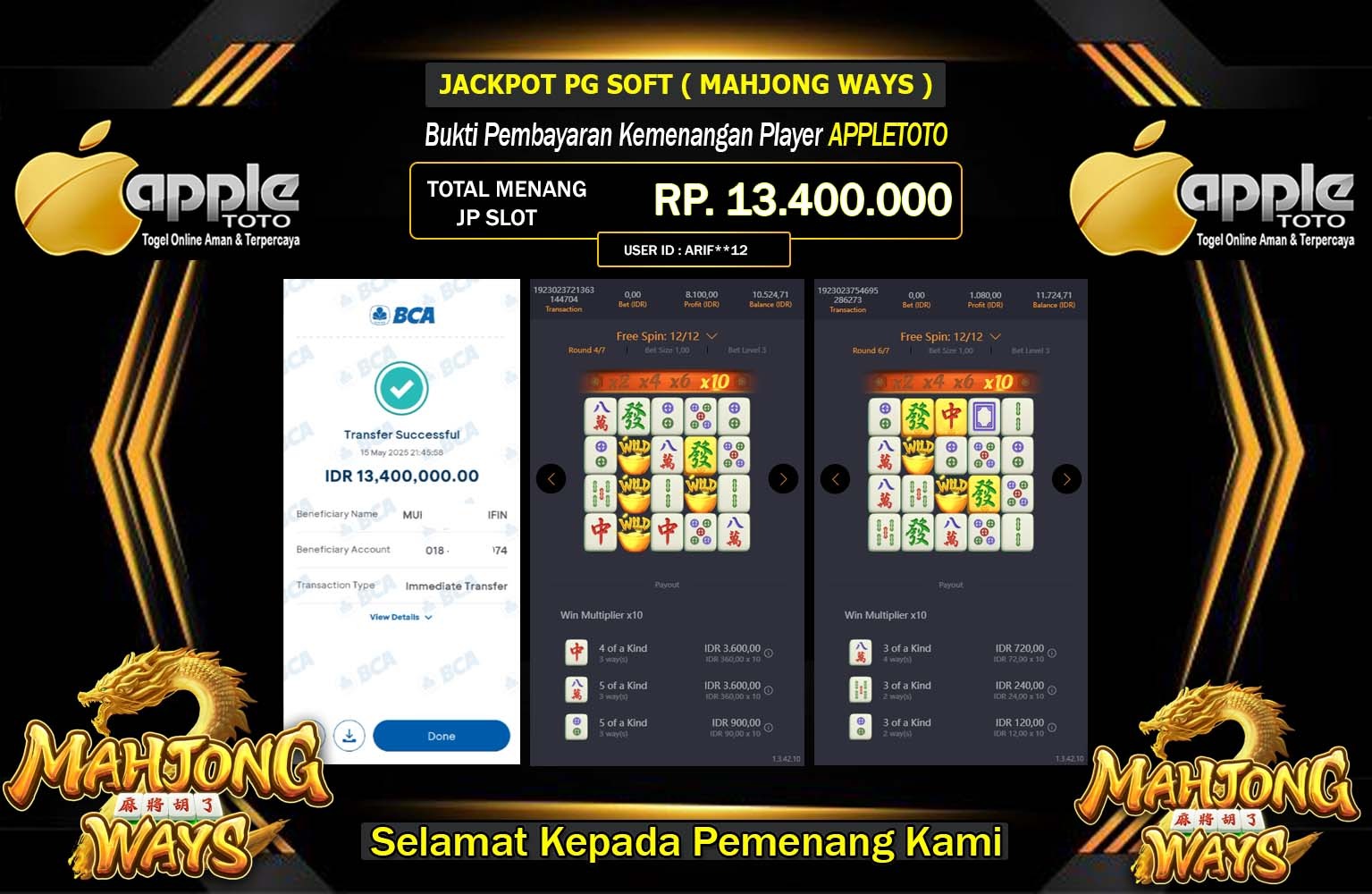 APPLETOTO JACKPOT Pg Soft (Mahjong Ways) Rp.13.400.000,- LUNAS