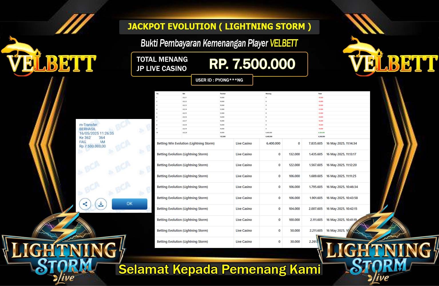 VELBETT JACKPOT Evolution (Lightning Storm) Rp.7.500.000,- LUNAS