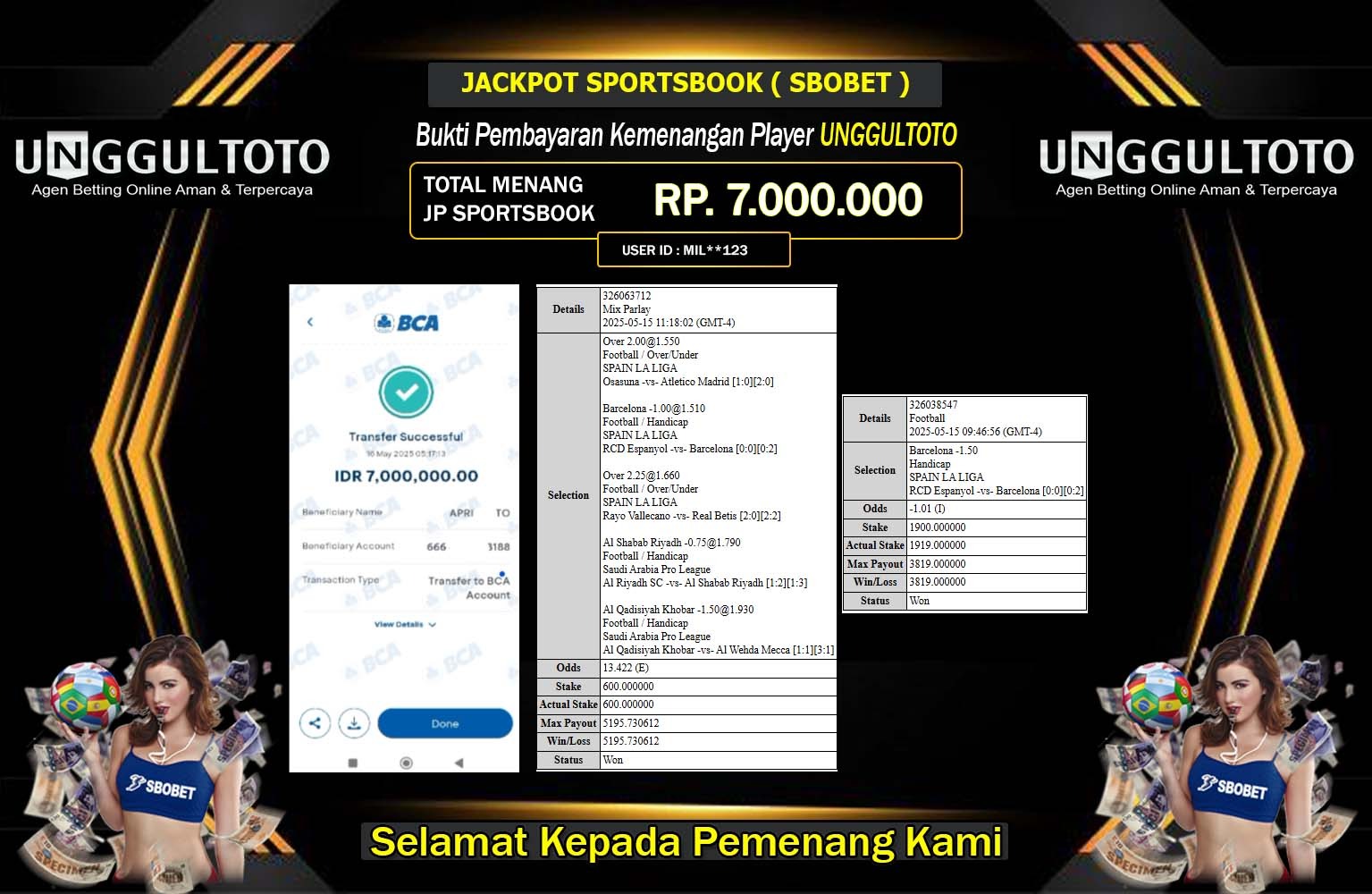 UNGGULTOTO JACKPOT SBOBET Rp.7.000.000,- LUNAS