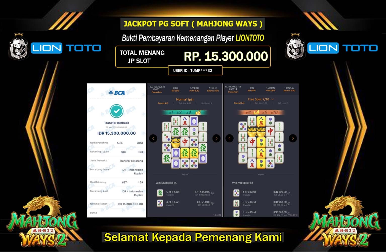 LIONTOTO JACKPOT MAHJONG WAYS 2 Rp.15.300.000,- LUNAS