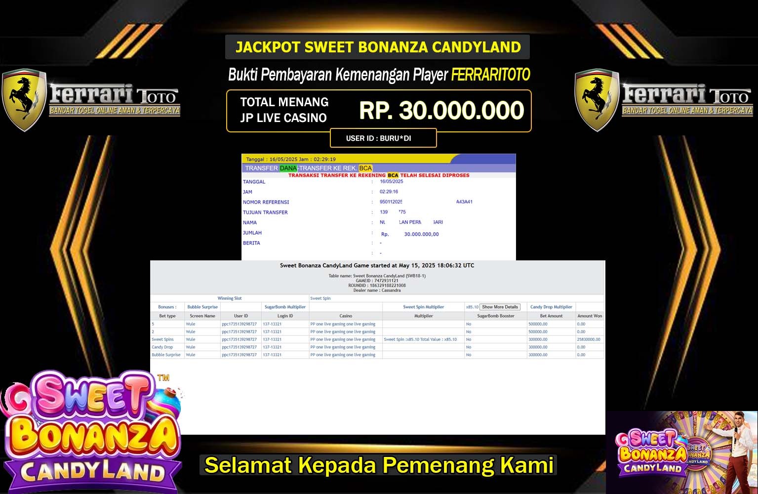 FERRARITOTO JACKPOT SWEET BONANZA CANDYLAND Rp.30.000.000,- LUNAS