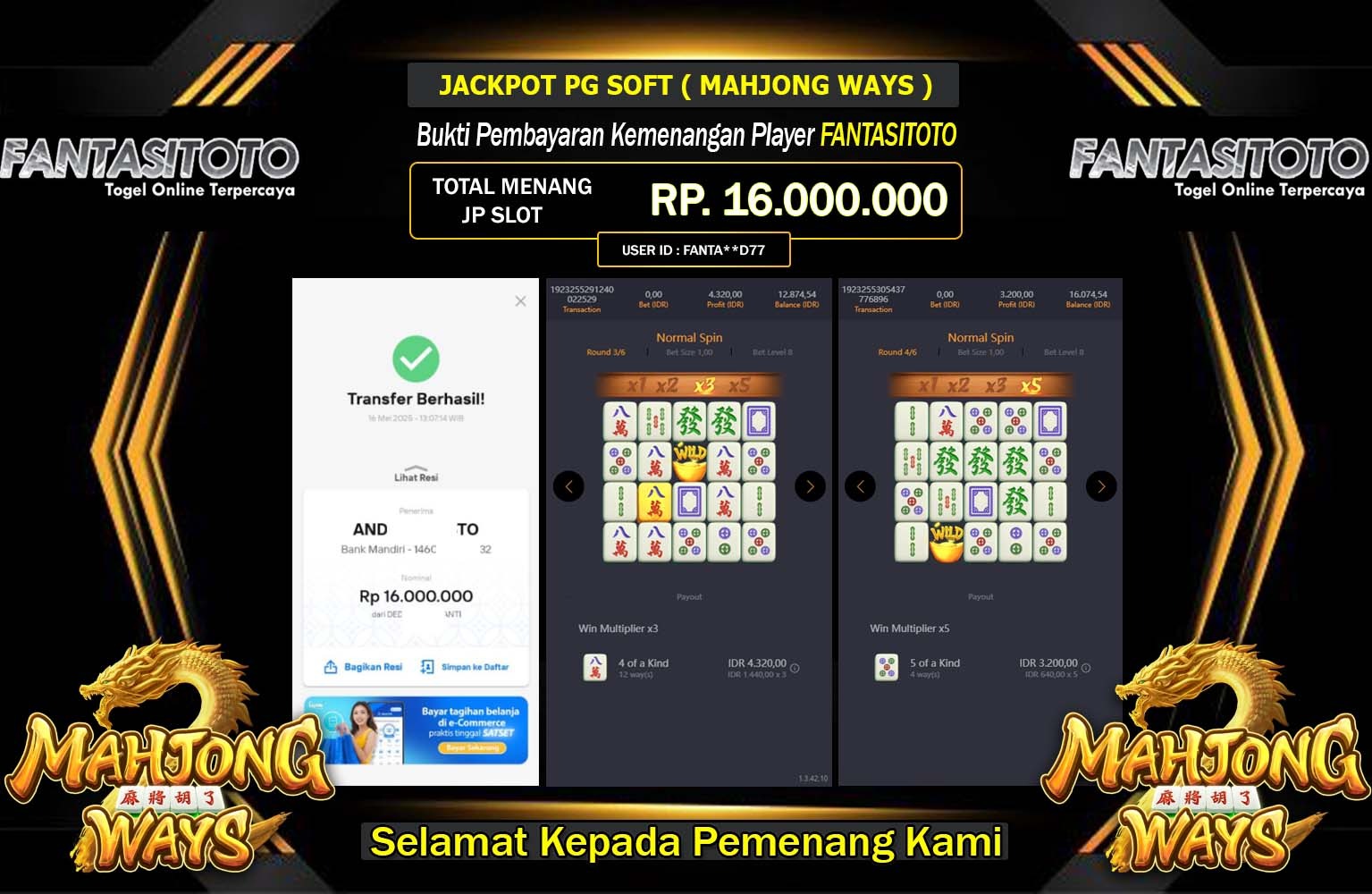 FANTASITOTO JACKPOT MAHJONG WAYS Rp.16.000.000,- LUNAS