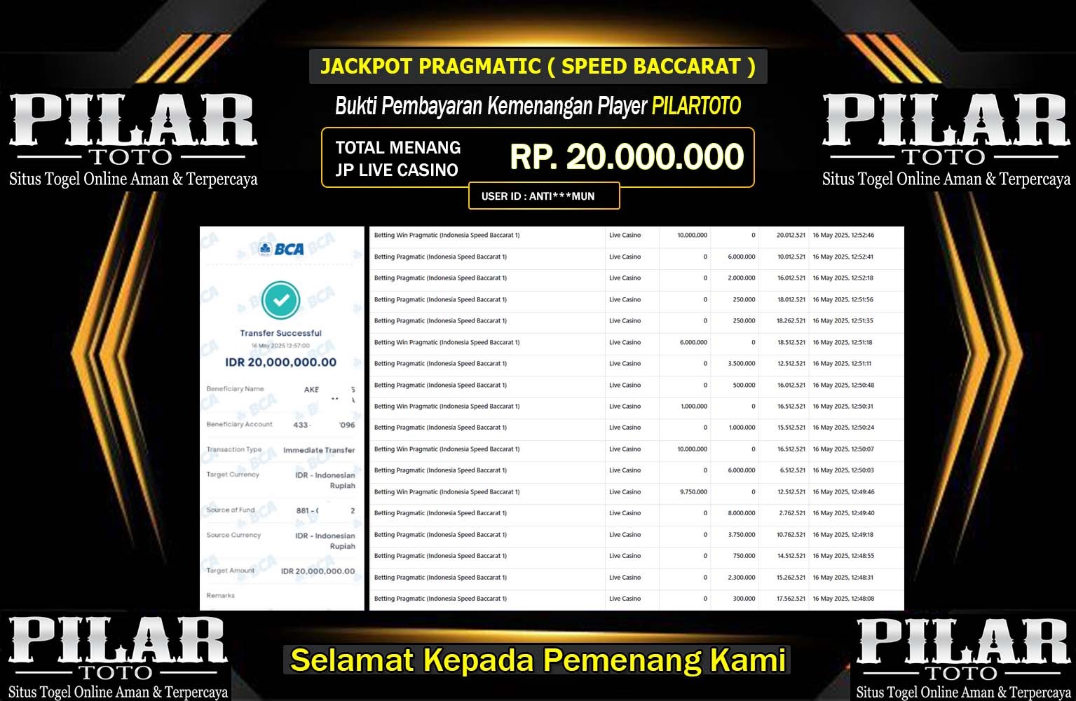 PILARTOTO JACKPOT Pragmatic (Indonesia Speed Baccarat 1) Rp.20.000.000,- LUNAS