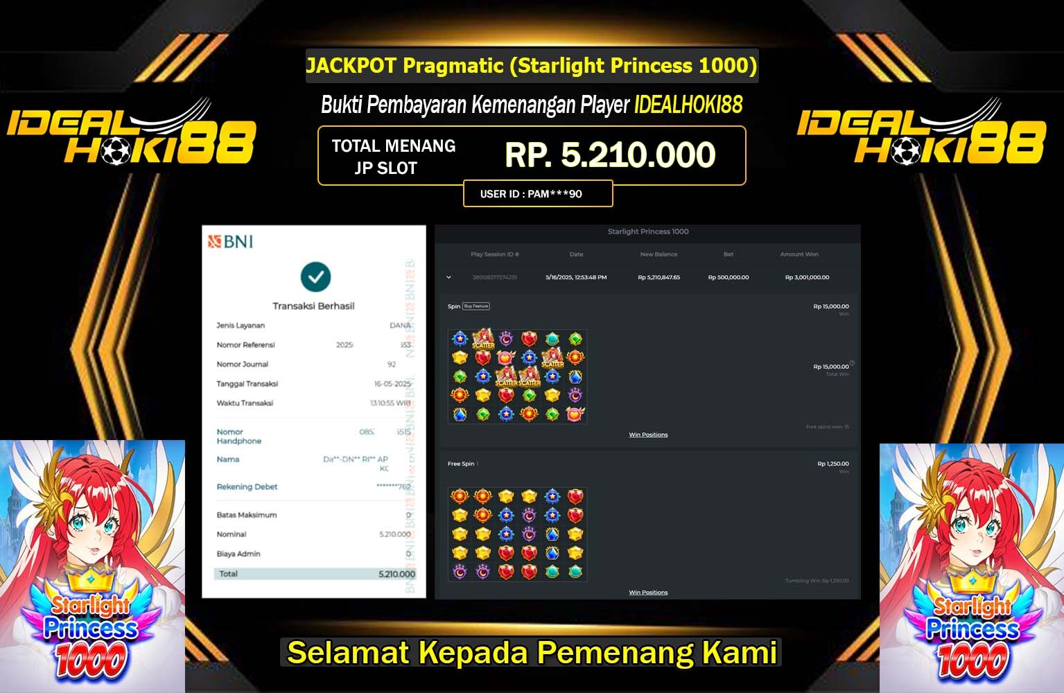IDEALHOKI88 JACKPOT Pragmatic (Starlight Princess 1000) Rp.5.210.000,- LUNAS
