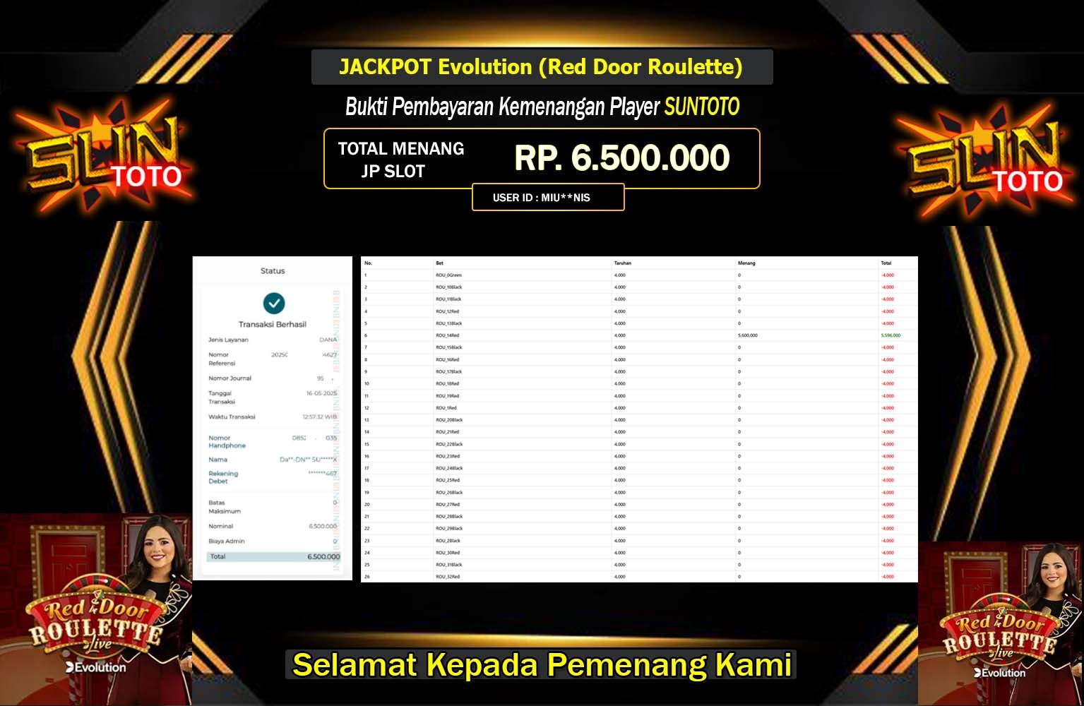 SUNTOTO JACKPOT Evolution (Red Door Roulette) Rp.6.500.000,- LUNAS