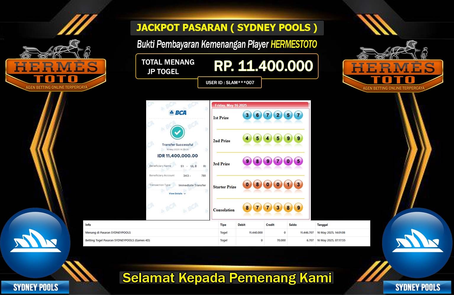 HERMESTOTO JACKPOT SYDNEY POOLS Rp.11.400.000,- LUNAS