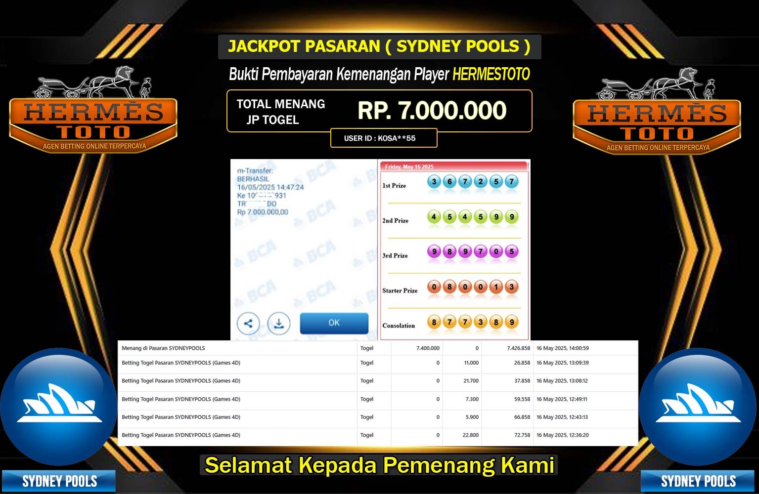 HERMESTOTO JACKPOT SYDNEY POOLS Rp.7.000.000,- LUNAS
