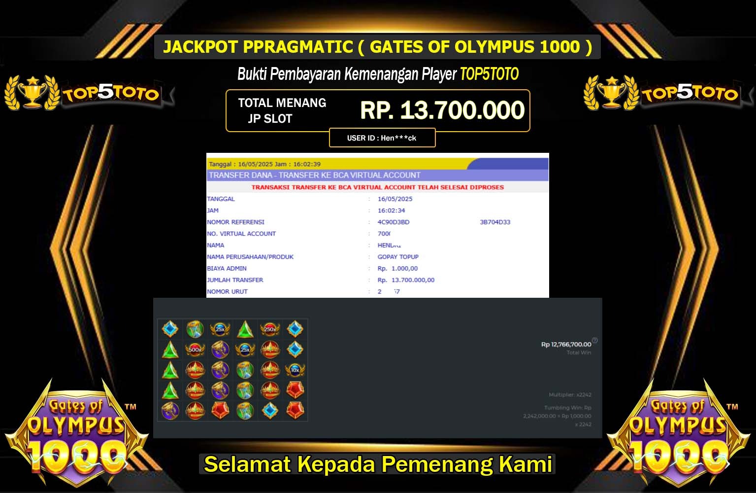 TOP5TOTO JACKPOT GATES OF OLYMPUS 1000 Rp.13.400.000,- LUNAS