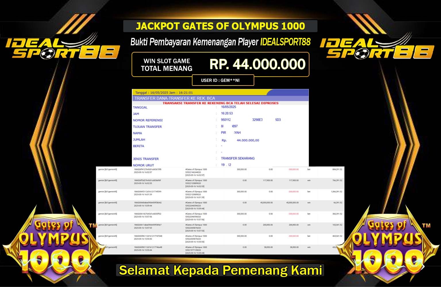 IDEALSPORT88 JACKPOT GATES OF OLYMPUS 1000  Rp.44.000.000,- LUNAS
