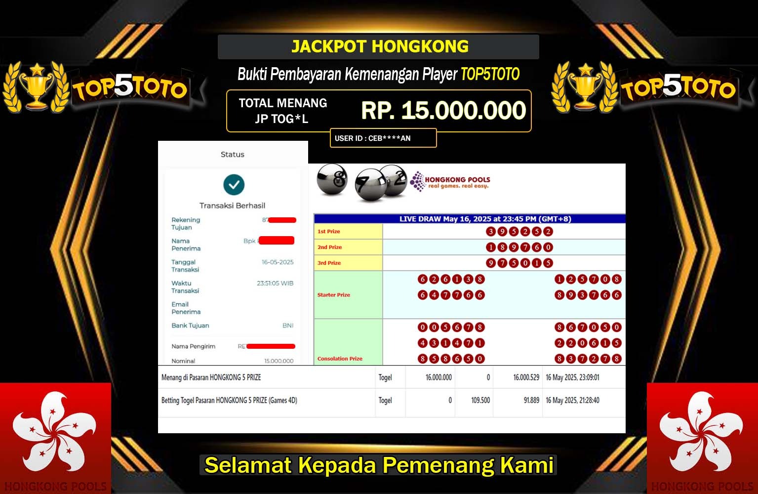 TOP5TOTO JACKPOT HONGKONGPOOLS  Rp.15.000.000,- LUNAS