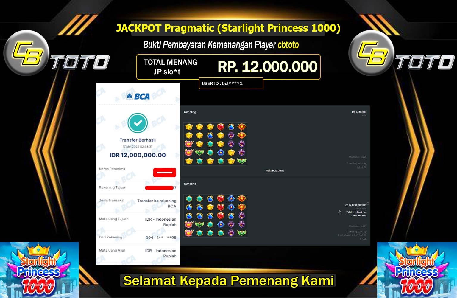 CBTOTO JACKPOT Pragmatic (Starlight Princess 1000) Rp.12.000.000,- LUNAS