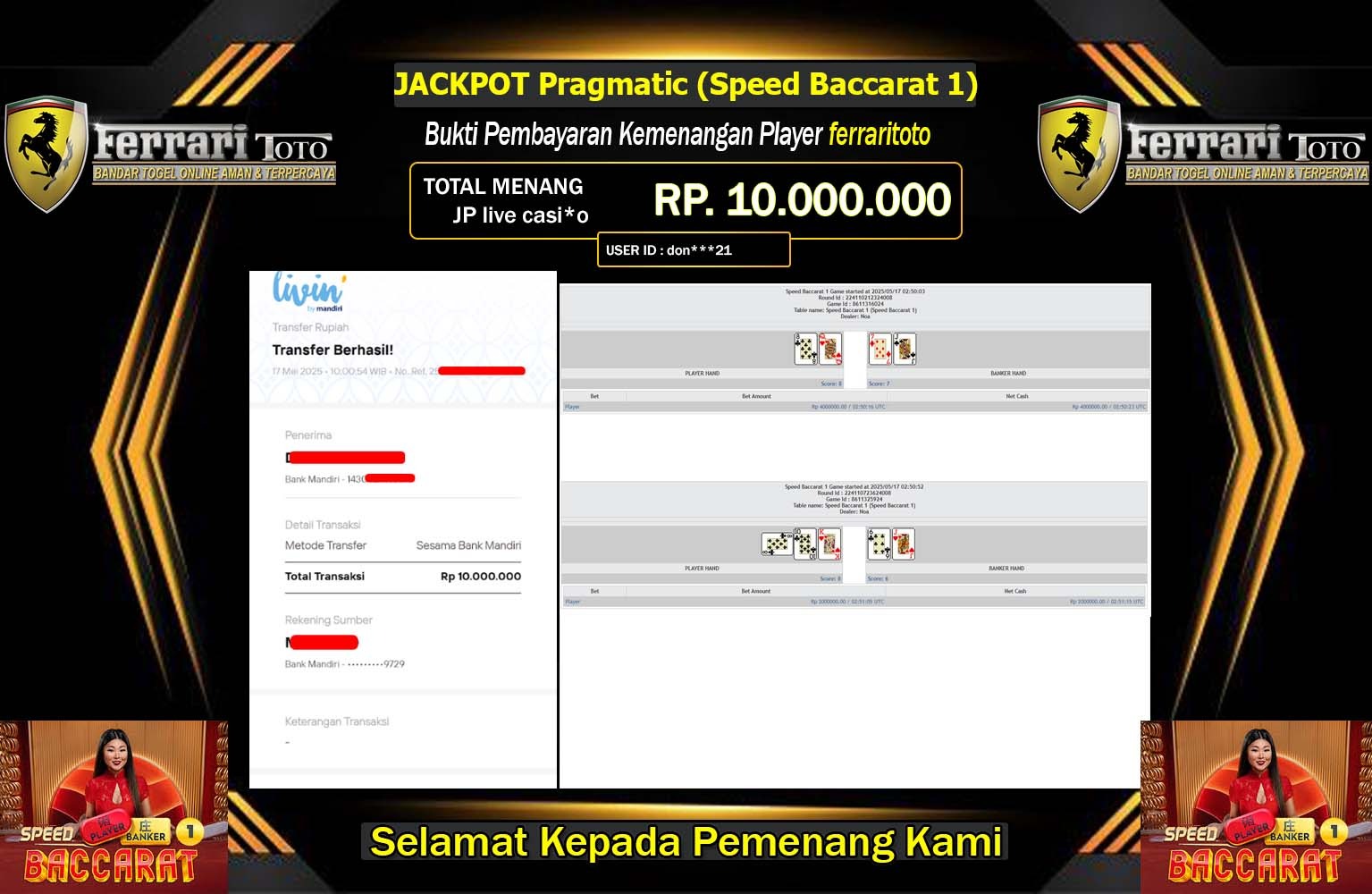 FERRARITOTO JACKPOT Pragmatic (Speed Baccarat 1) Rp.10.000.000,- LUNAS