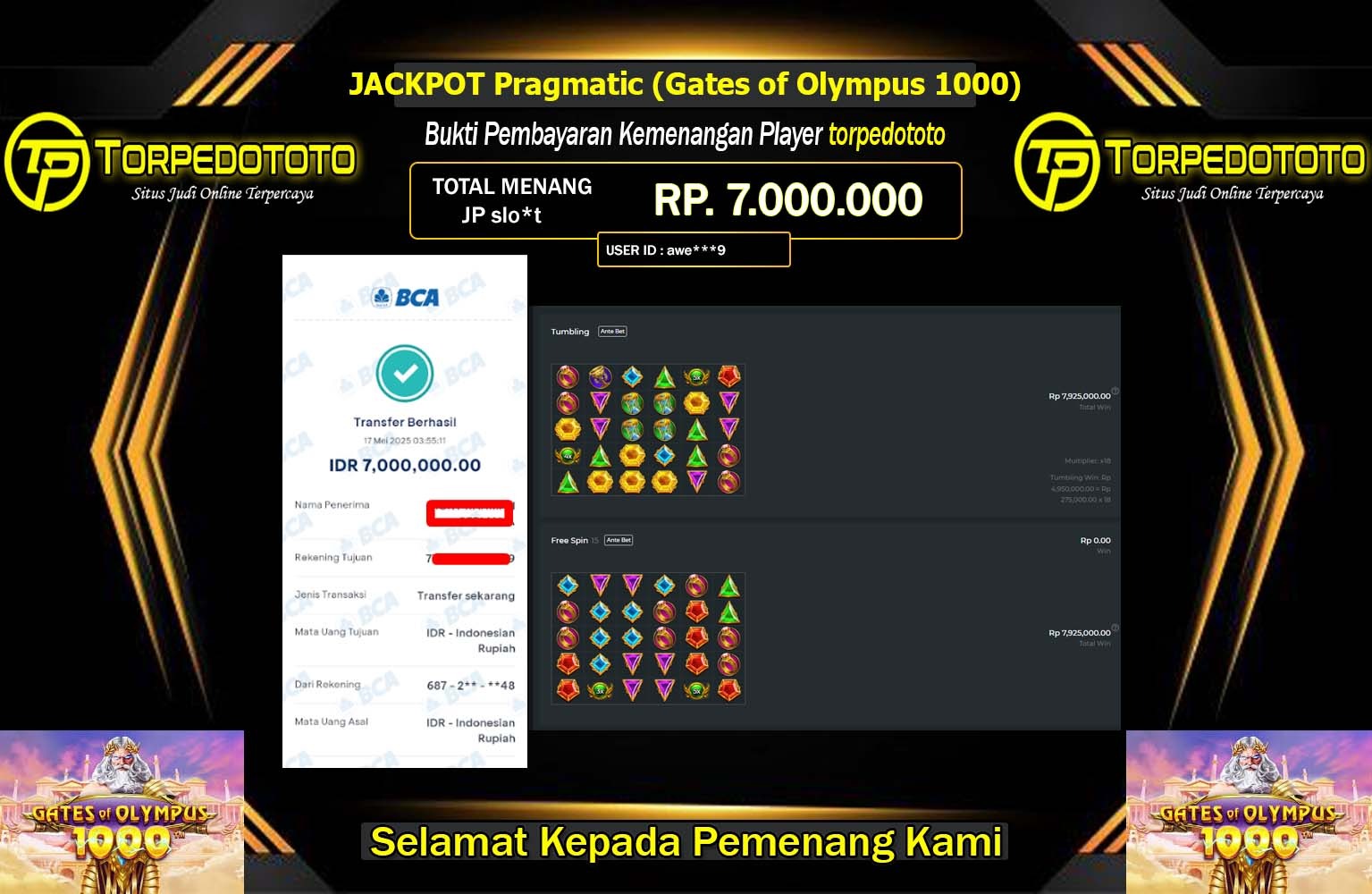 TORPEDOTOTO JACKPOT Pragmatic (Gates of Olympus 1000) Rp.7.000.000,- LUNAS