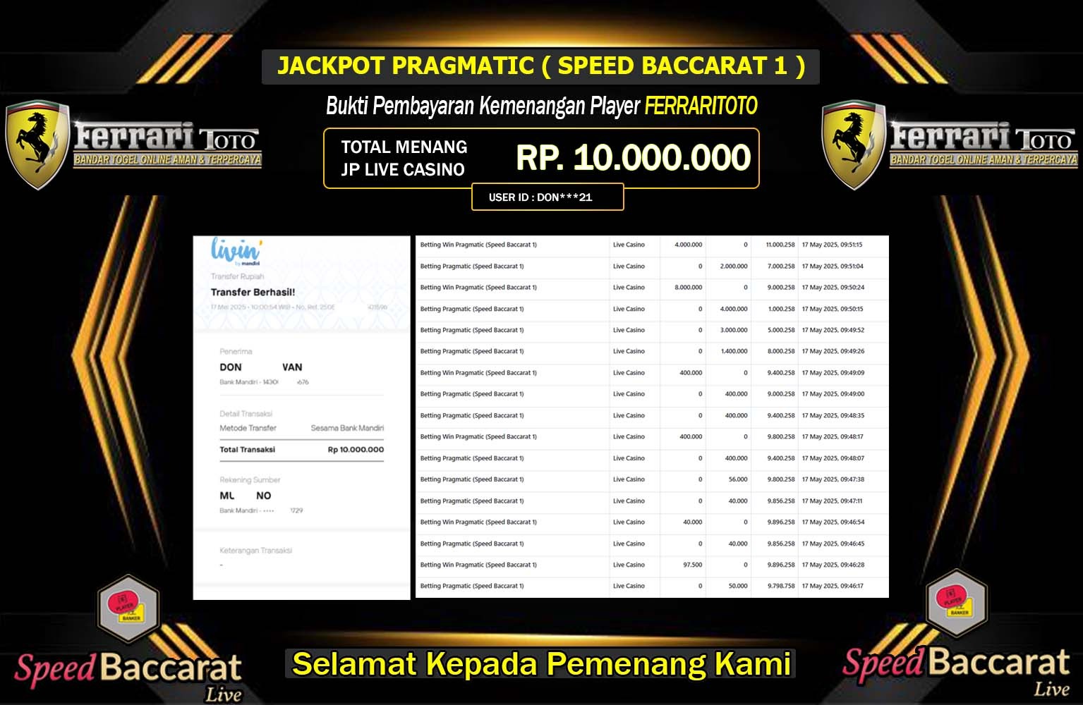 FERRARITOTO JACKPOT PRAGMATIC SPEED BACCARAT 1 Rp.10.000.000,- LUNAS