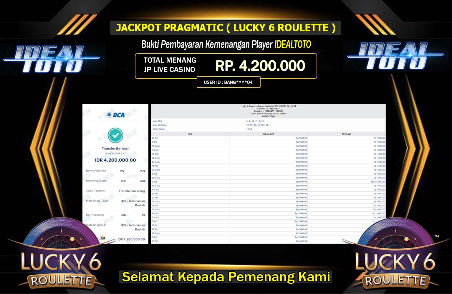 IDEALTOTO JACKPOT Pragmatic (Lucky 6 Roulette) Rp.4.200.000,- LUNAS