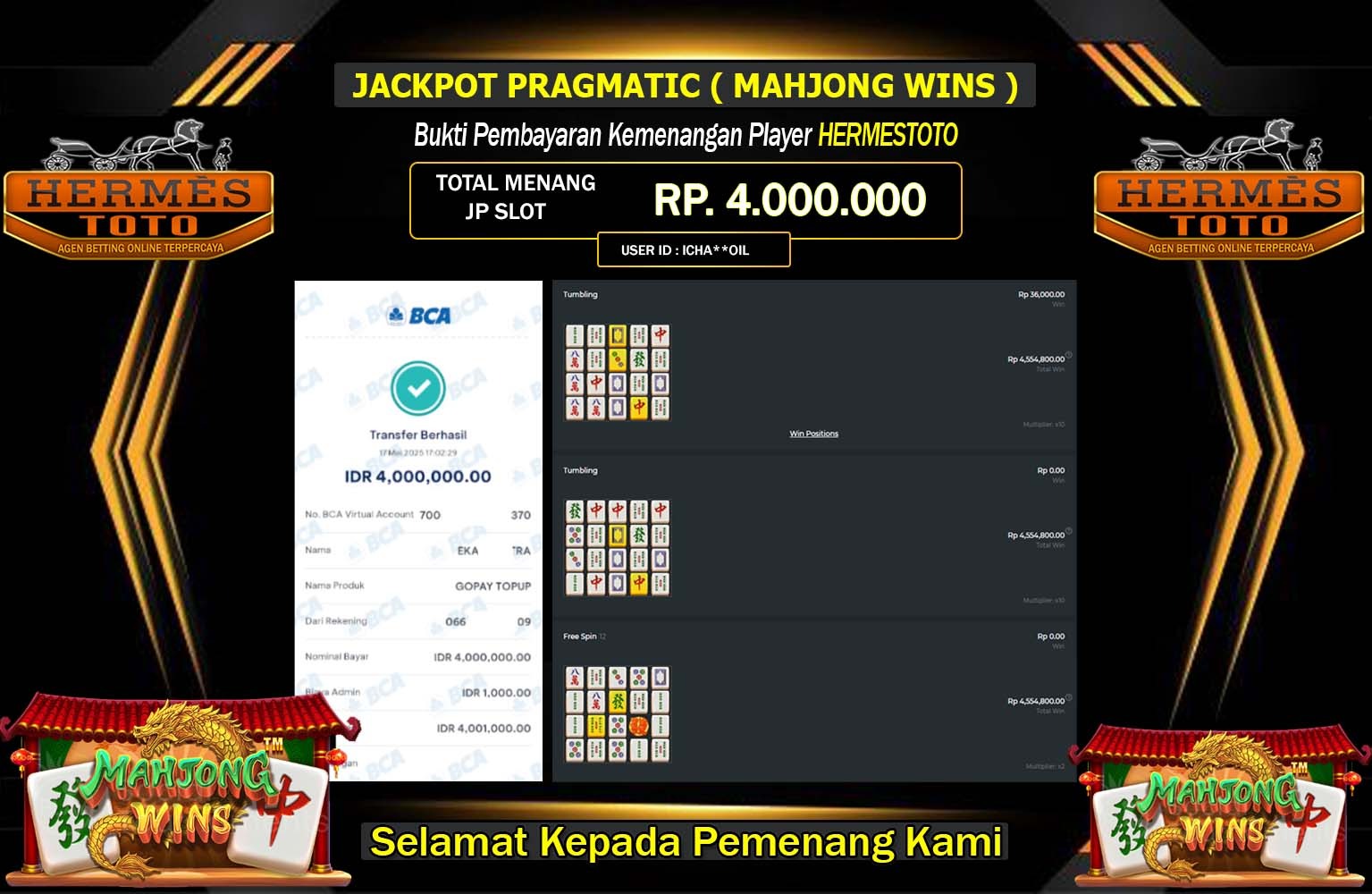 HERMESTOTO JACKPOT Pragmatic (Mahjong Wins) Rp.4.000.000,- LUNAS