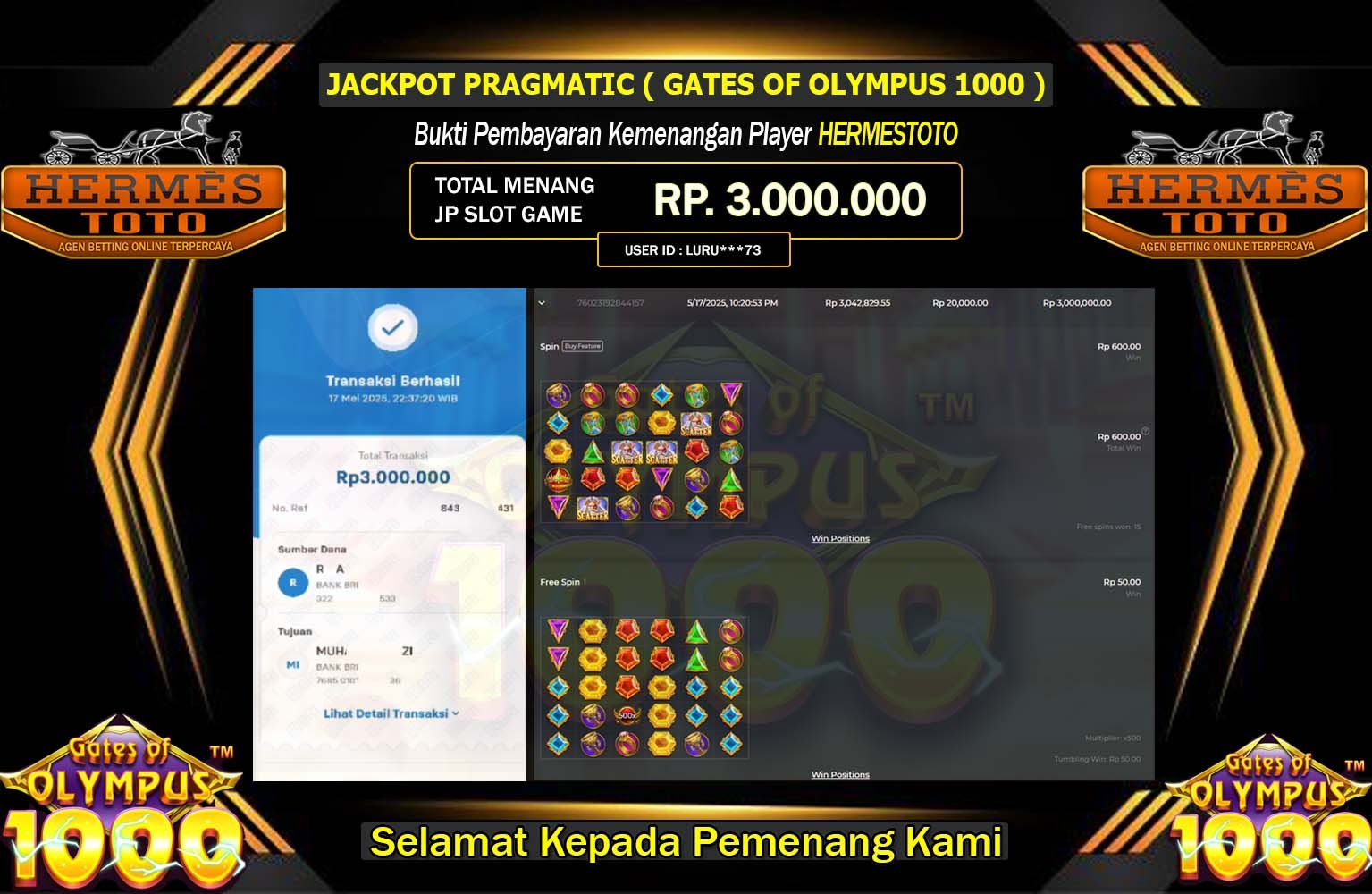 HERMESTOTO JACKPOT Pragmatic (Gates of Olympus 1000) Rp.3.000.000,- LUNAS