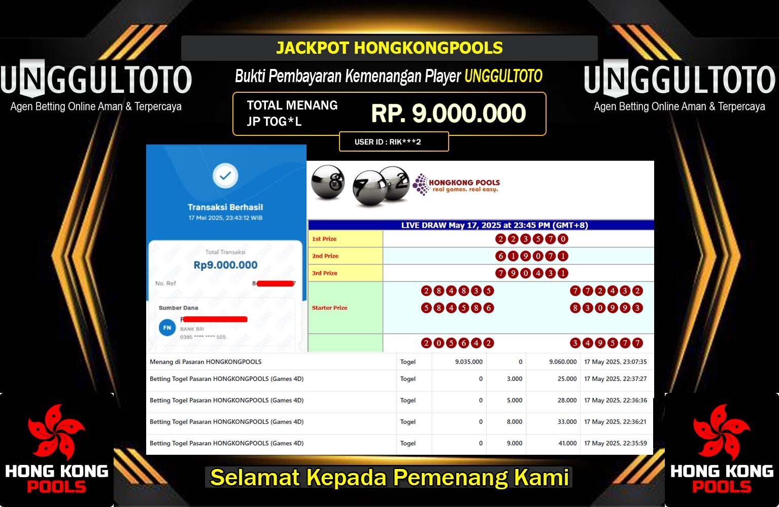 UNGGULTOTO JACKPOT HONGKONGPOOLS   Rp.9.000.000,- LUNAS