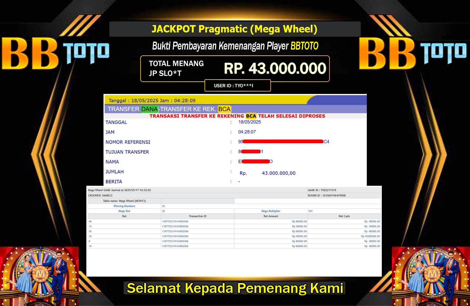 BBTOTO JACKPOT Pragmatic (Mega Wheel) Rp.43.000.000,- LUNAS
