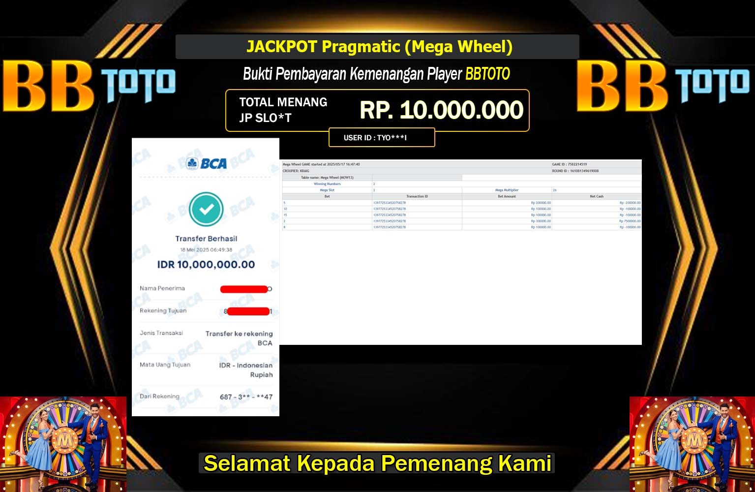 BBTOTO JACKPOT Pragmatic (Mega Wheel) Rp.10.000.000,- LUNAS