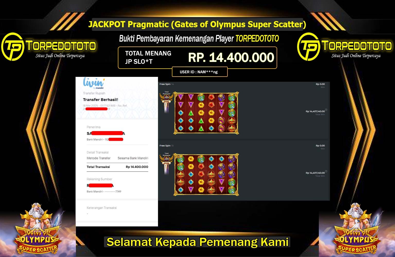 TORPEDOTOTO JACKPOT Pragmatic (Gates of Olympus Super Scatter) Rp.14.400.000,- LUNAS