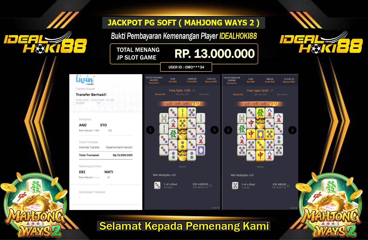 IDEALHOKI88 JACKPOT Pg Soft (Mahjong Ways 2) Rp.13.000.000,- LUNAS